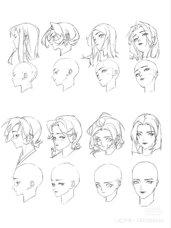 the image is a collection of sketches of female faces and heads from different angles. it includes both simplified head shapes and more detailed drawings with hair and facial features. the drawings are in black and white, created with a pencil or digital drawing tool.