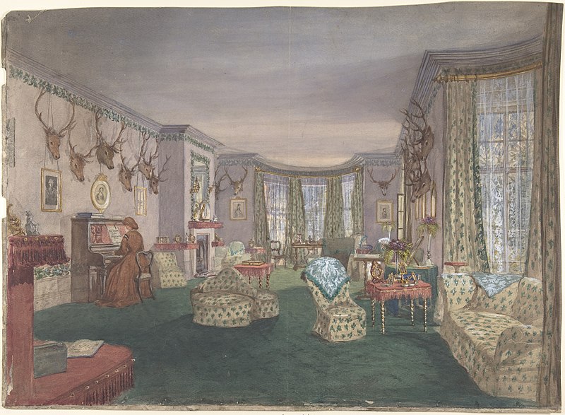 the image depicts a watercolor painting of an elaborate and furnished room from a historical era. a woman is seated at a piano on the left side of the room, playing it. the walls are decorated with several deer heads, portraits, and intricate floral trim. furniture includes various chairs, a sofa, ottomans, and tables adorned with vases of flowers and decorative items. a fireplace is visible in the background, with a mirror above it. curtains frame the windows, and a green carpet covers the floor. the style of the room suggests an upperclass residence from the past.