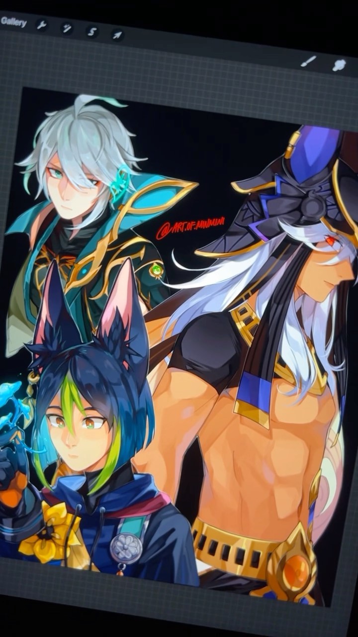 the image is a digital fanart of three genshin impact characters.  one character has short, light blue hair and is dressed in a teal and gold outfit. another character has long, white hair and is dressed in egyptianinspired attire with gold accents. a third character has teal and green hair with catlike ears and is wearing a dark blue outfit with a yellow flower detail. the art style is animeinspired and vibrant, showcasing detailed character designs and clothing. the background is mostly dark, focusing the attention on the three characters in the foreground.  the artwork is displayed on a digital art program interface.  the artist's watermark (@art_of_jawawa) is faintly visible.