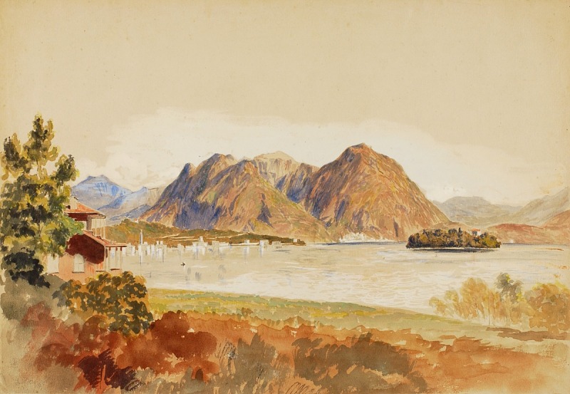 a watercolor painting depicts a landscape with mountains, a lake, and an island. in the foreground, there are trees and buildings on the shore. the lake reflects the sky and the mountains in the background. an island with trees sits in the middle of the lake. the sky is cloudy, and the overall color palette is muted and natural.