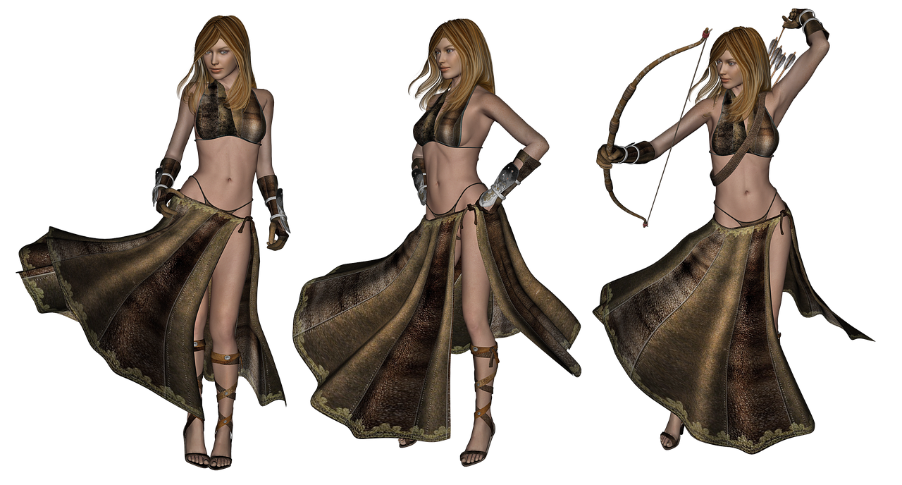 the image shows a digitally rendered woman dressed as a warrior archer in three different poses against a black background. she has blonde hair and wears a brown, textured bra and a matching skirt with high slits on both sides, revealing her legs. her footwear consists of strappy sandals, and she has arm guards on her forearms. in one pose, she is holding a bow and arrow, ready to shoot. the image style suggests it is a fantasy or video game character design.