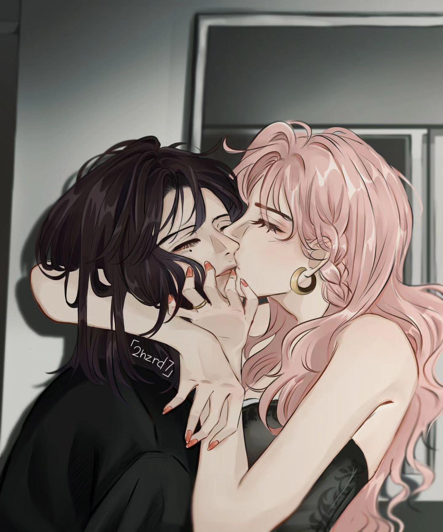 the illustration depicts a tender moment between two women. the woman on the left, with dark hair