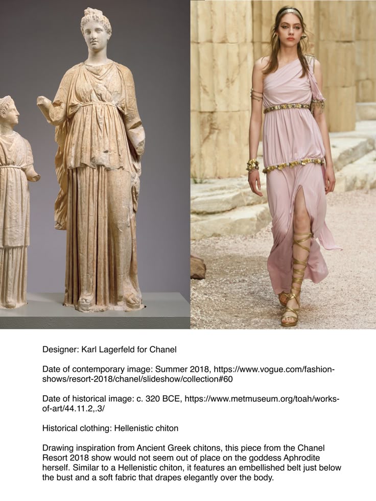 the image shows a comparison between a hellenistic chiton and a modernday dress inspired by it. on the left is a statue of a woman wearing a hellenistic chiton. on the right is a model on a runway wearing a pink, oneshoulder dress with embellishments at the bust and waist and a slit in the skirt. the model is standing in front of a column.