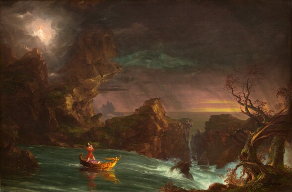 the painting depicts a man and a woman in a golden boat on a river approaching a rocky coast with a turbulent ocean. stormy clouds fill the sky, with a bright, somewhat ethereal figure visible in the clouds above the rocky coast. the painting is dominated by the natural environment, with emphasis on both the calm water near the boat and the crashing waves near the cliffs. the painting is likely "the voyage of life: youth" by thomas cole.