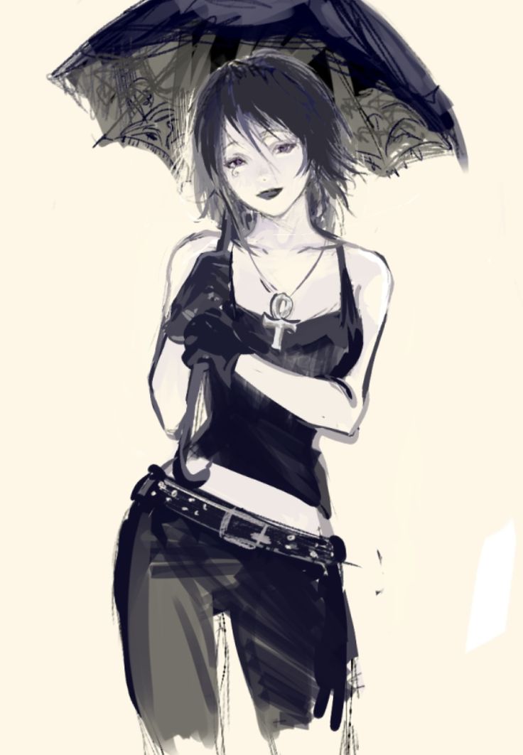 the image is a digital painting or illustration of an animestyle girl. she has short, dark hair and is wearing dark clothing, including a black top, pants, gloves, and a belt with studs. she carries a black lace umbrella.  the style is somewhat goth or punkinspired. the color palette is primarily black, gray, and white, giving it a monochrome or grayscale feel. the overall impression is one of elegance and mystery. the artwork is detailed and has a painterly quality, with visible brushstrokes. the girl's expression is somewhat neutral, yet with a hint of melancholy or seriousness.