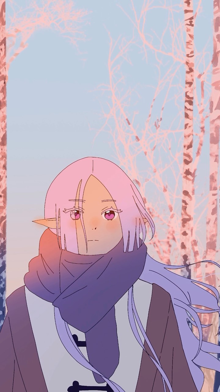 the image depicts a stylized animestyle girl with long, pastel pink hair and elflike ears. she's wearing a large, soft purple scarf wrapped around her neck and a muted brown jacket or coat. her expression is calm and serene. the background features a light, pastelcolored winter landscape with delicate, pale pink trees, creating a peaceful and whimsical atmosphere. the overall style is soft, utilizing pastel shades and smooth lines, giving the artwork a gentle and dreamy feel.