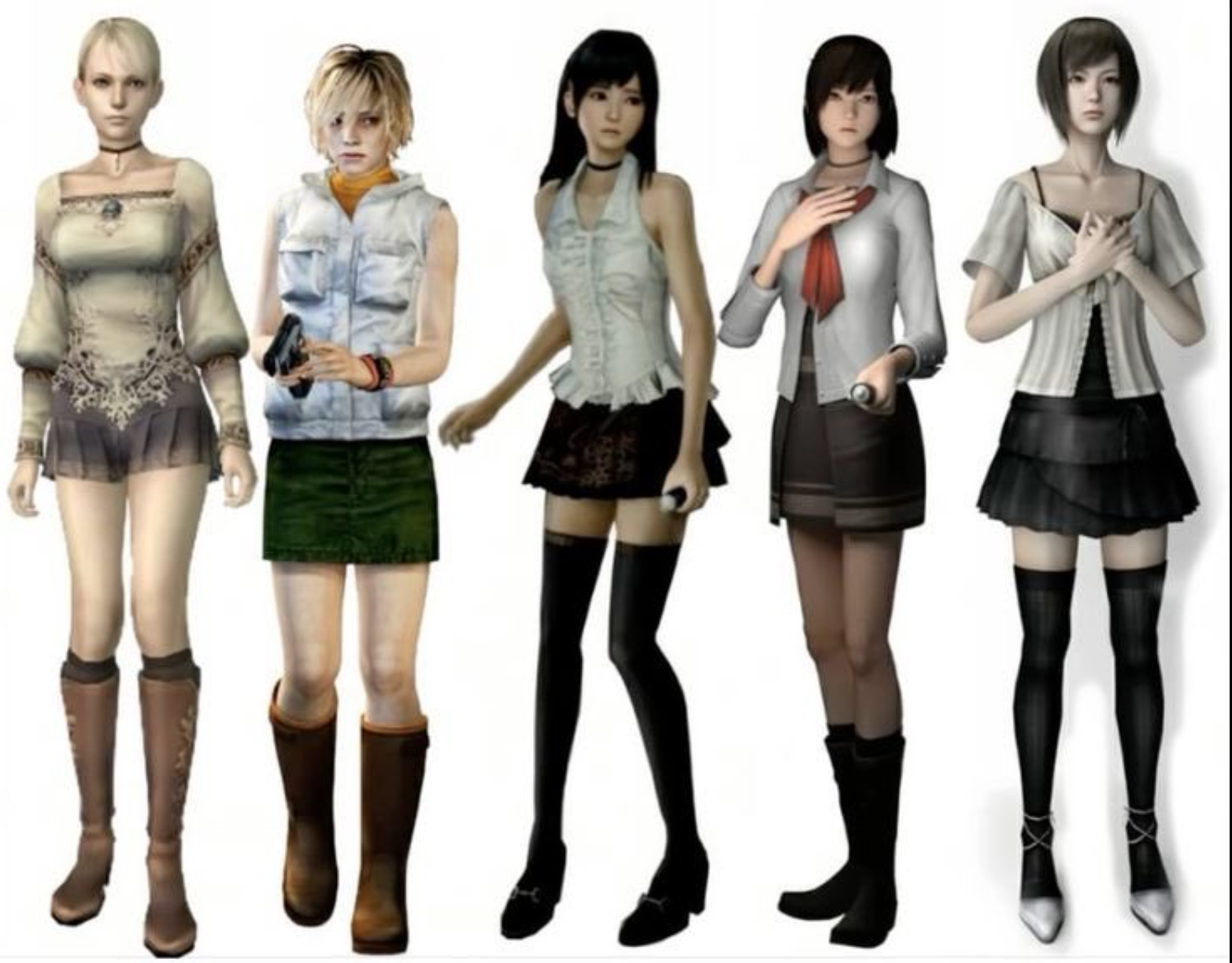 five female characters from the silent hill video game series stand against a plain white background. they are all wearing different outfits.  the image appears to be promotional material for the game.