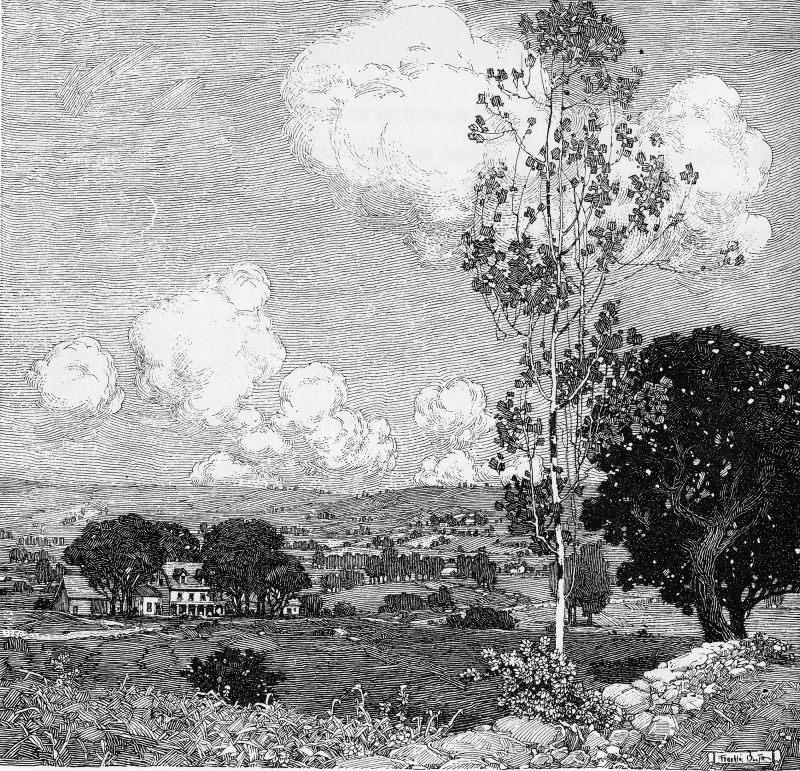 this black and white illustration depicts a serene rural landscape. the foreground features a gently sloping hill with various vegetation, including bushes and a slender tree. the middle ground showcases a farmhouse nestled amongst several trees in a valley. the background extends into rolling hills and a vast expanse of land under a sky filled with fluffy cumulus clouds. the style of the illustration suggests it is a wood engraving or similar fine art print, exhibiting fine detail and line work. the overall atmosphere is one of peace and tranquility, evoking a sense of calm and rustic beauty.