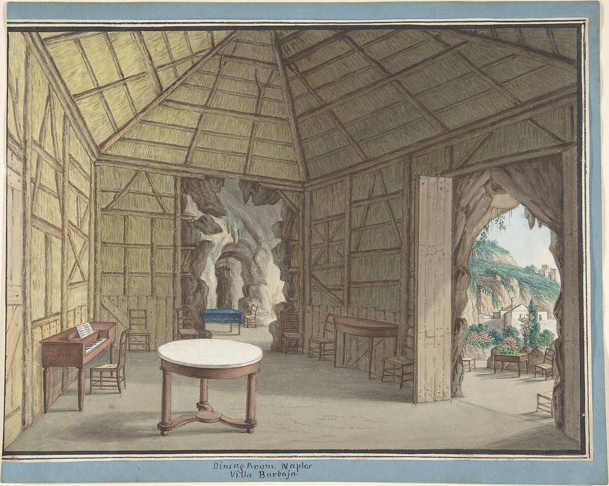 the image is a watercolor painting depicting the interior of a dining room in naples, specifically at villa burbaja. the room features a unique architectural design with a cavernous opening connecting it to a cave system, and another opening leading to a garden with trees and a landscape view. inside the room, there is furniture, including tables, chairs, and a piano. the room is constructed with a wooden framework and the lighting creates shadows, adding depth to the scene. the openair design of the building is emphasized by the connection to the natural elements outside.