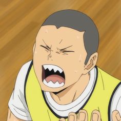 a closeup illustration of a young, athletic male with short dark hair. he is wearing a yellow and white basketball uniform and appears to be in the middle of a game. his face is contorted in a mix of effort, frustration, and determination, with his mouth wide open in a yell and sweat dripping down his face. the background is a simple, outoffocus representation of a basketball court. the style of the illustration suggests anime or manga.