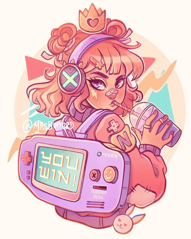 the image depicts a cute anime girl in a pink and blue outfit. she is wearing a crown and headphones. she is holding a drink in her hand and is looking at the camera with a happy expression. the girl is sitting on a pink and blue background. the image is very colorful and eyecatching. it is a great example of the kawaii style of art.