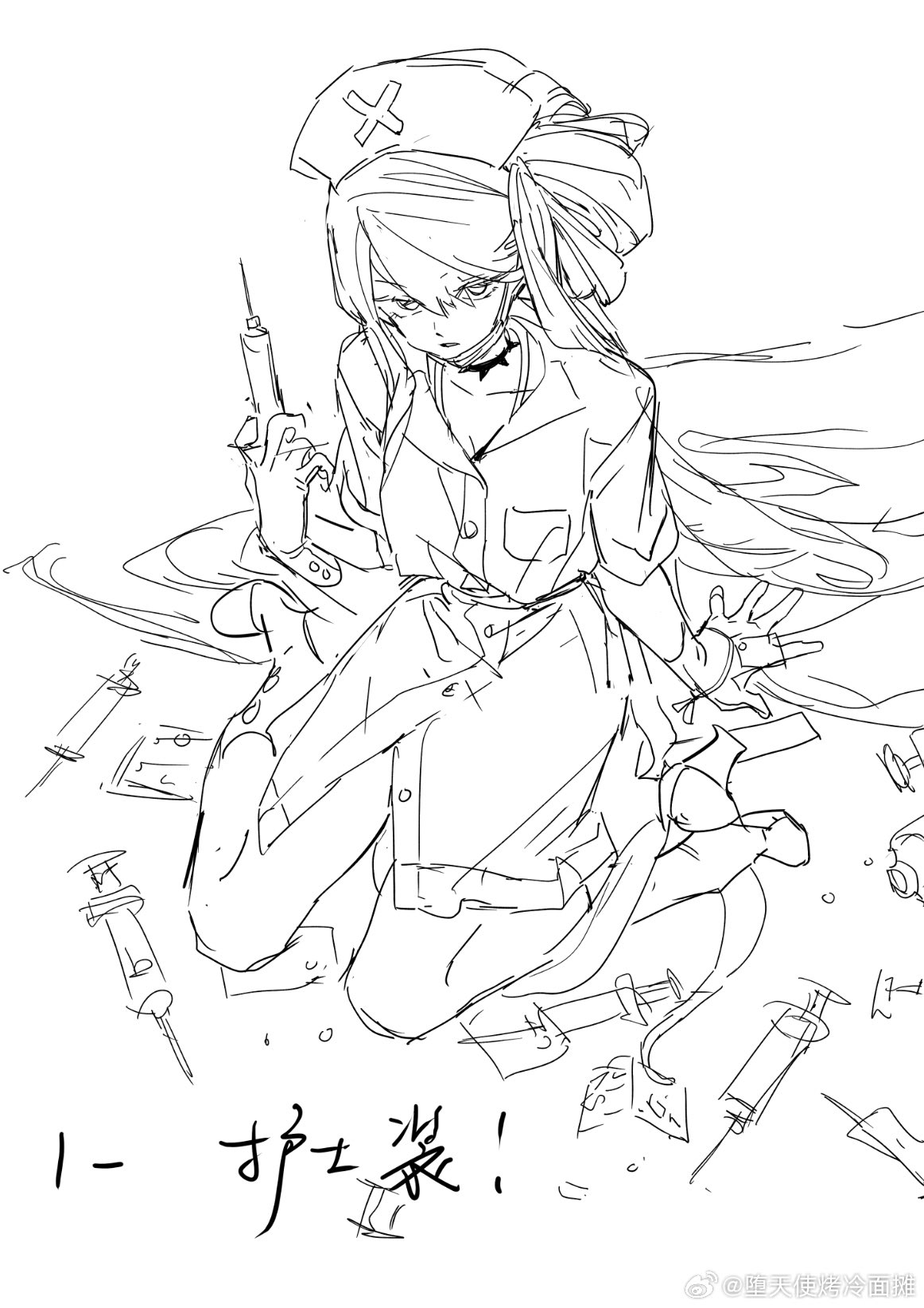 a black and white sketch of an animestyle girl dressed as a nurse. she is surrounded by scattered syringes and needles on the floor, suggesting a chaotic and possibly distressed scene.  the drawing is in a sketchy style, with loose lines and a lack of fine detail, indicating it's likely a preliminary concept or rough draft.  japanese text is visible near the bottom left. the overall impression is one of disorder and perhaps a hint of danger or unease.