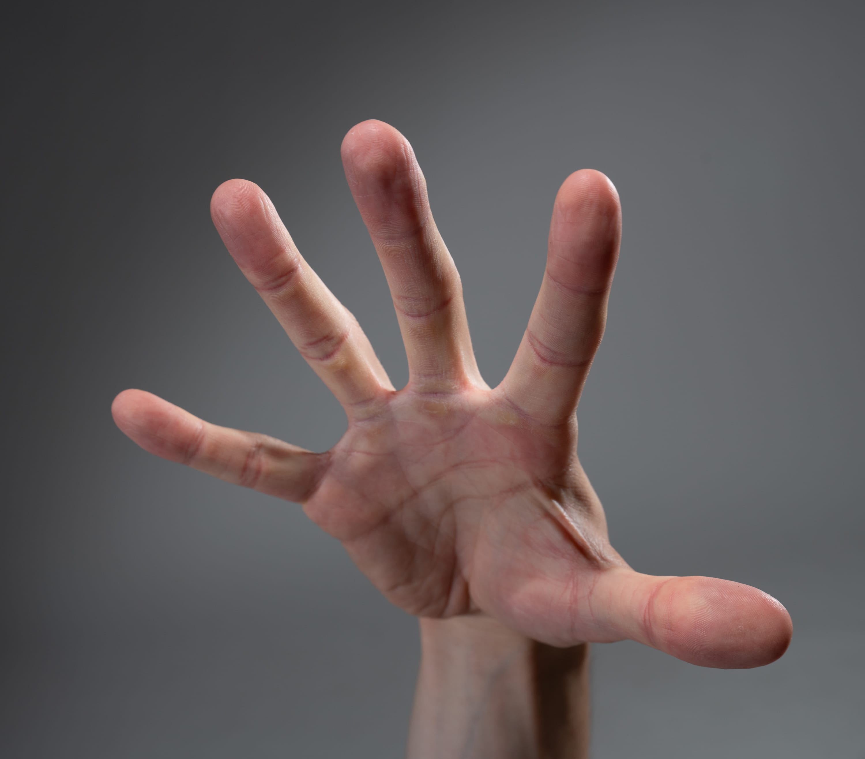 a fairskinned hand is outstretched against a neutral gray background. the hand is open, with the fingers slightly spread, as if reaching out to grab something.  the soft lighting highlights the lines and details of the hand.