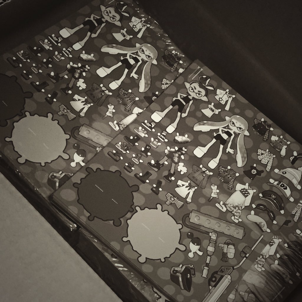 the image shows three packages of splatoon dress up stickers. each package features various outfits and accessories for the inkling characters. the stickers are arranged in a grid pattern against a polkadot background.  the overall tone of the image is dark and sepiatoned.