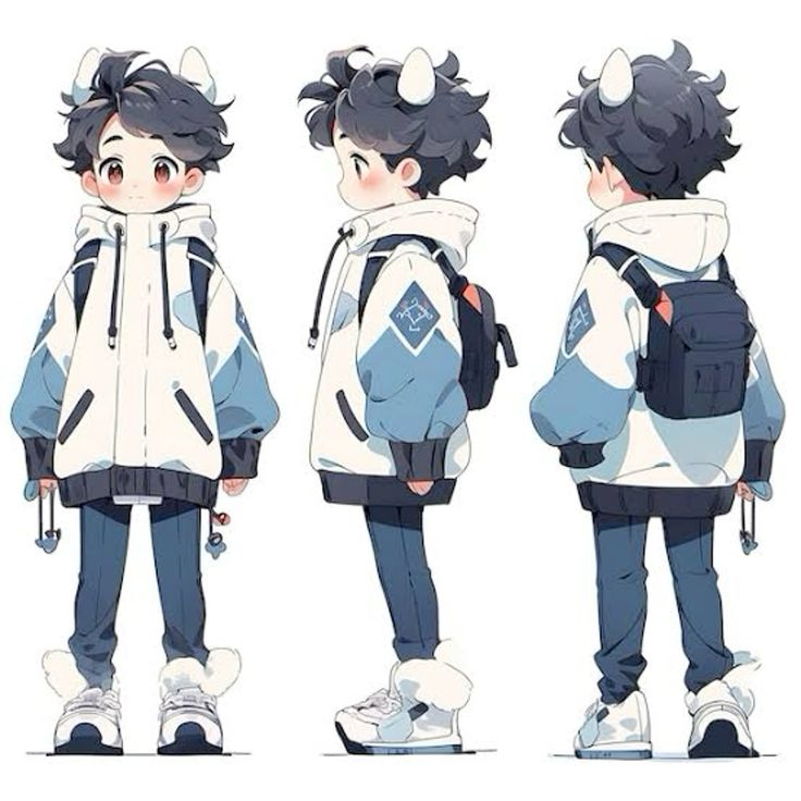the image showcases a threequarter view turnaround character design of a cute animestyle chibi boy. he's depicted in three poses, from the front, side, and back.  the boy is wearing a stylish winter jacket with light blue and white color blocking, a small backpack, and fluffy whiterimmed sneakers.  he has short dark hair and small, pointed ears, adding to his adorable aesthetic. the style is clean, soft, and utilizes pastel colors, typical of kawaii art. the illustration appears to be digital art and likely a character design for an animation or game.