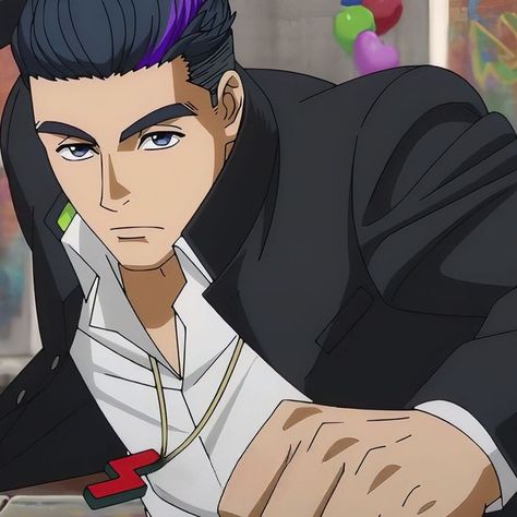 this is a digital illustration of an anime character. the character is a man with black hair with a purple streak in it. he is wearing a white shirt and a black jacket. he has a red and green necklace on. the background is blurry, but it looks like he is inside.