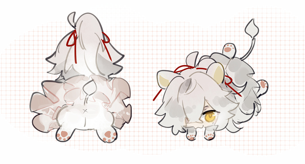 this is a digital drawing of two cute chibi lion characters. they both have white fur with grey spots, red hair bows, and yellow eyes. they are drawn on a background of a faint grid. the first is facing away from the viewer and its back is shown. the second is facing the viewer and is in a playful pose with a wagging tail. the drawing has a soft, unfinished style and the outlines are slightly blurred.
