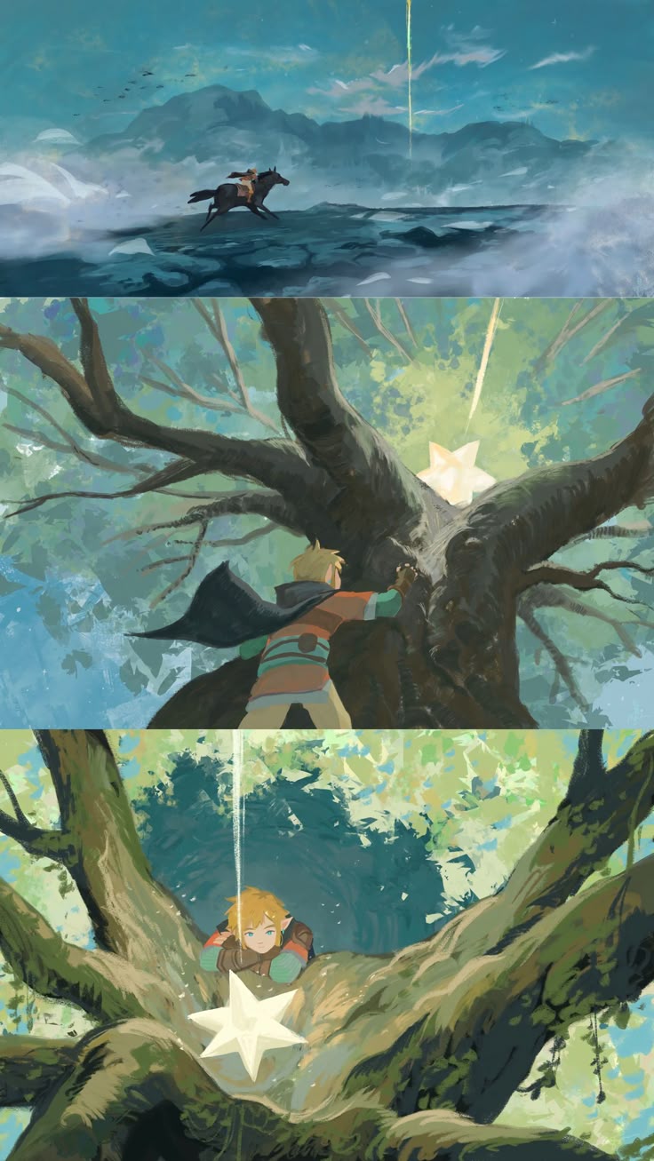 this is an artistic rendering of a scene from the video game the legend of zelda. the scene is broken into three separate panels. the top panel shows a person riding horseback, away from a mountain with a meteor shower. the second panel shows someone reaching toward the meteor. the third panel shows someone in the tree with the meteor.