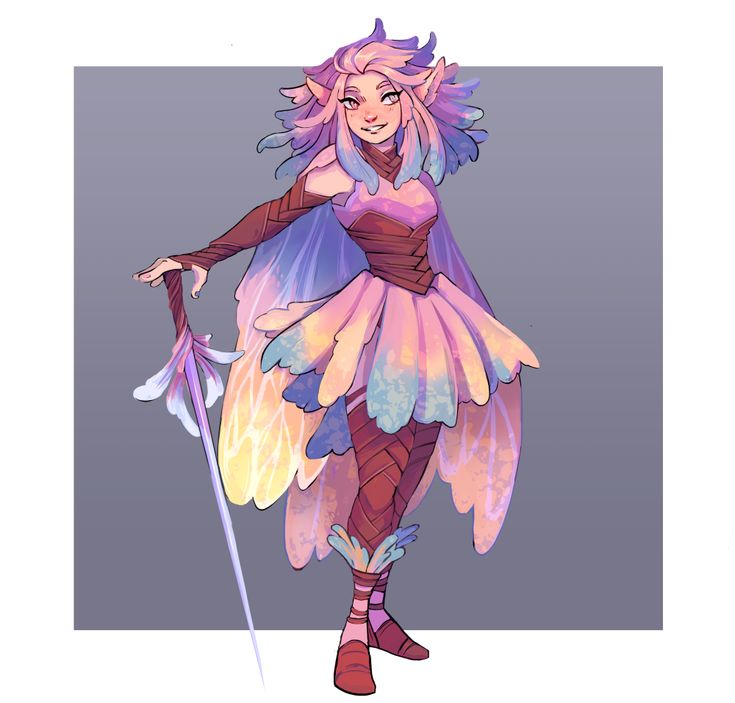 this illustration shows a whimsical, colorful character who is likely a fairy or elf warrior. she is smiling and standing confidently, holding a sword in her hand. she has pink and purple hair and wears a pink dress with wings made of colorful feathers.