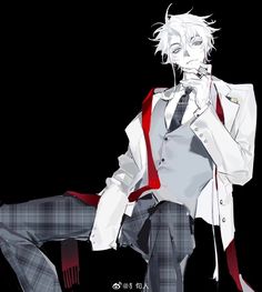 a monochrome illustration of a stylish young man. he has white hair, striking red eyes, and a confident smirk playing on his lips. he's wearing a white coat over a gray vest and a black tie. his plaid pants add a touch of casualness to his otherwise formal look. he's holding a cigarette between his fingers, adding to his cool and rebellious aura. the background is completely black, focusing all attention on the character.