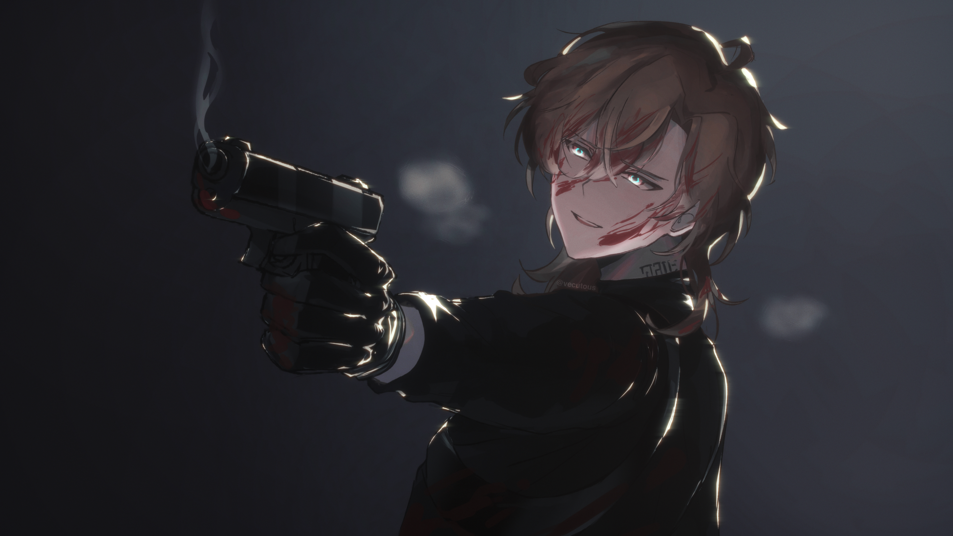 the image is a digital artwork depicting an animestyle male character. he has brown hair, green eyes, and is noticeably wounded, with bloodstains on his face and neck. he's holding a smoking pistol in his right hand, aimed toward the viewer.  he is wearing dark clothing and gloves, adding to the overall mysterious and possibly dangerous demeanor. the background is dark and shadowy, accentuating the figure and his weapon. the style is detailed and realistic, creating a dramatic atmosphere.  the character's slight smirk hints at confidence or perhaps sinister intent.