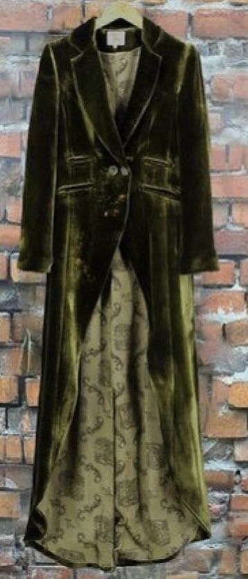a long green velvet jacket with tails, giving it a classic, formal, and elegant look. the jacket is made of a rich, luxurious fabric with a smooth, silky texture. it has a simple design with a few buttons, but the cut and the velvet material make it a statement piece. the jacket would be perfect for a special occasion or for adding a touch of sophistication to any outfit.