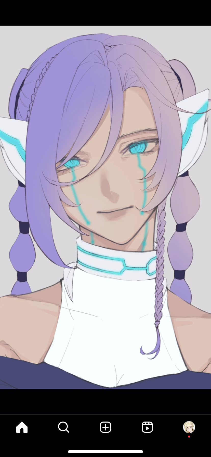 a purple haired anime girl with blue eyes, a white shirt with a blue collar, and blue accents. she has purple hair braids and a blue collar that is adorned with blue highlights. she is staring off to the side of the image.
