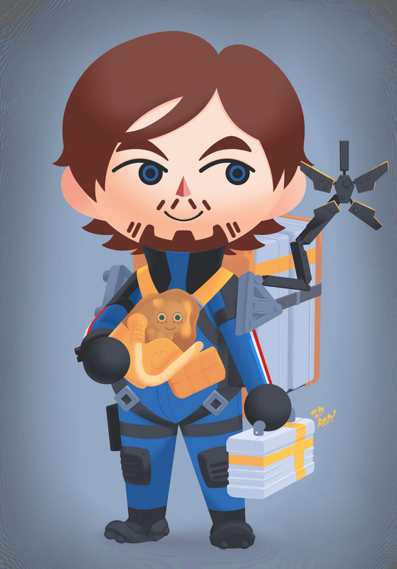 this is a digital illustration of an animal crossing villager dressed up as an astronaut. the villager is wearing a blue space suit with a helmet and backpack. they are holding a box in their left hand and a small, orange animal in their right hand. the villager is smiling and has a friendly look on their face. the background is a simple gray color, and there is a small, white object in the upper right corner of the image. the illustration is very cute and whimsical and would be perfect for a child's book or website.