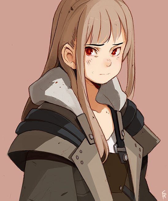 a digital illustration of a young girl. the girl has long brown hair, red eyes, and is wearing a darkcolored jacket with armor plating. her expression appears to be grumpy or annoyed. the background is a solid color. the lighting is soft and the overall style is animeinfluenced.