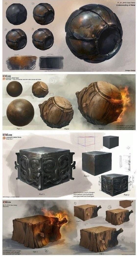 the image showcases digital concept art and 3d model explorations for what appears to be game assets.  there are two distinct sets: top row:  focuses on a spherical object. the left side presents grayscale studies highlighting form and potential damage details. the right side showcases a more finalized, textured version with metallic elements and glowing segments. bottom row:  explores a cubic object. the top half presents a metallic variation with intricate carvings, showcased both as a finished render and a breakdown of its construction. the bottom half features a wooden version, exploring different states of burning and decay.  both sets utilize a consistent color palette of browns, grays, and oranges, likely hinting at a fantasy or postapocalyptic setting.