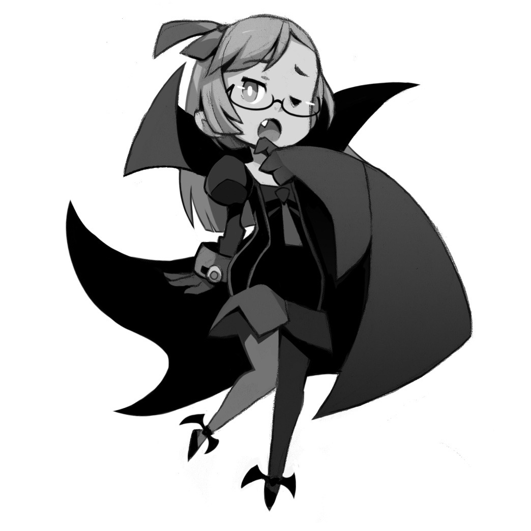 a black and white sketch of a young female vampire in a cute, stylized art style. she is wearing a classic vampire costume complete with a cape, dress, and large bow.