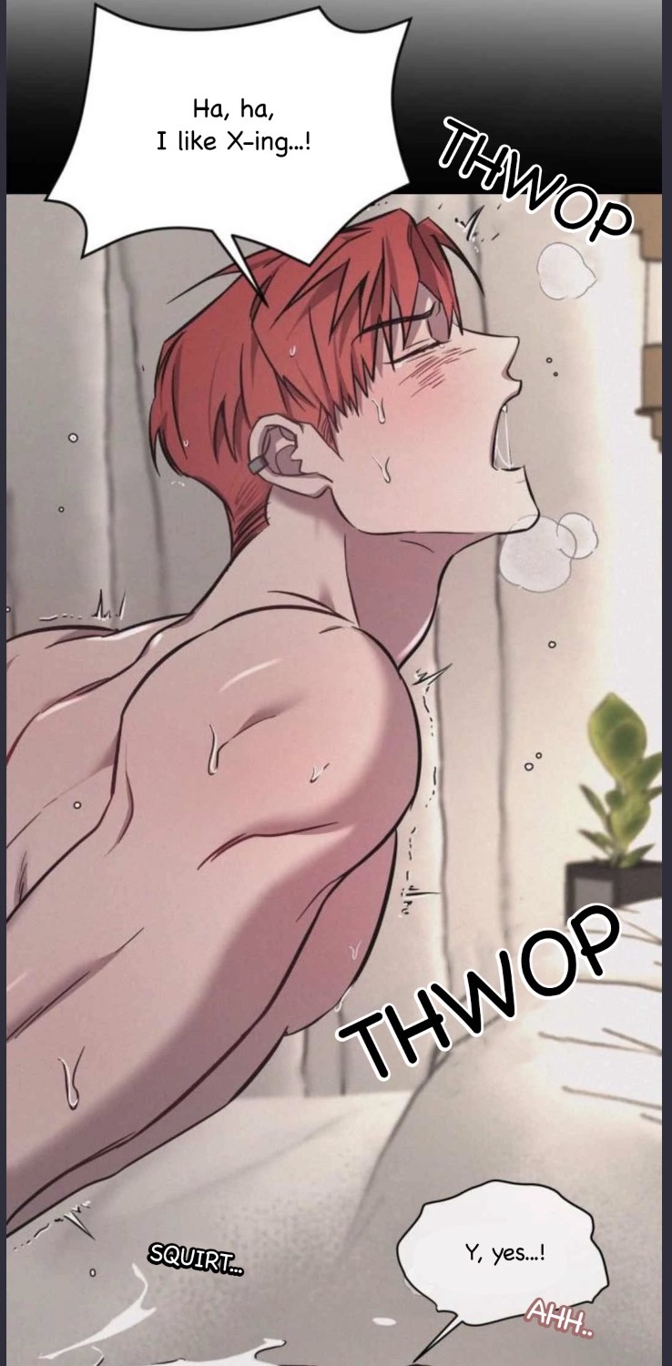 he image is a panel from a yaoi manhwa or manga. it depicts a redhaired man experiencing an orgasm.  the man is partially nude and his body is shown in detail.  there are sound effects indicating the action, and text bubbles showing his thoughts and reactions. the scene is suggestive of sexual activity.  the art style is typical of manhwa/manga.