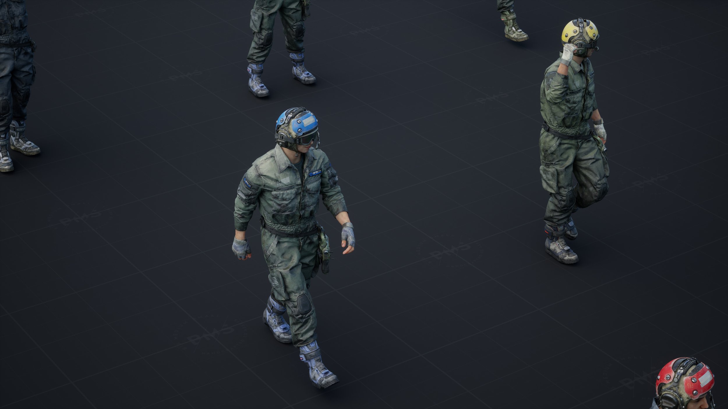 the image displays multiple 3d models of soldiers in various camouflage uniforms and helmets. they are positioned on a dark gray gridded floor.  the models are highly detailed, showcasing realistic textures and equipment. the overall style suggests a videogame environment or a 3d model showcase. the perspective is slightly elevated, providing a topdown view of the soldiers. the background is a plain dark gray, keeping the focus on the models.  different helmets, suggesting different teams or roles, are visible among the soldiers.