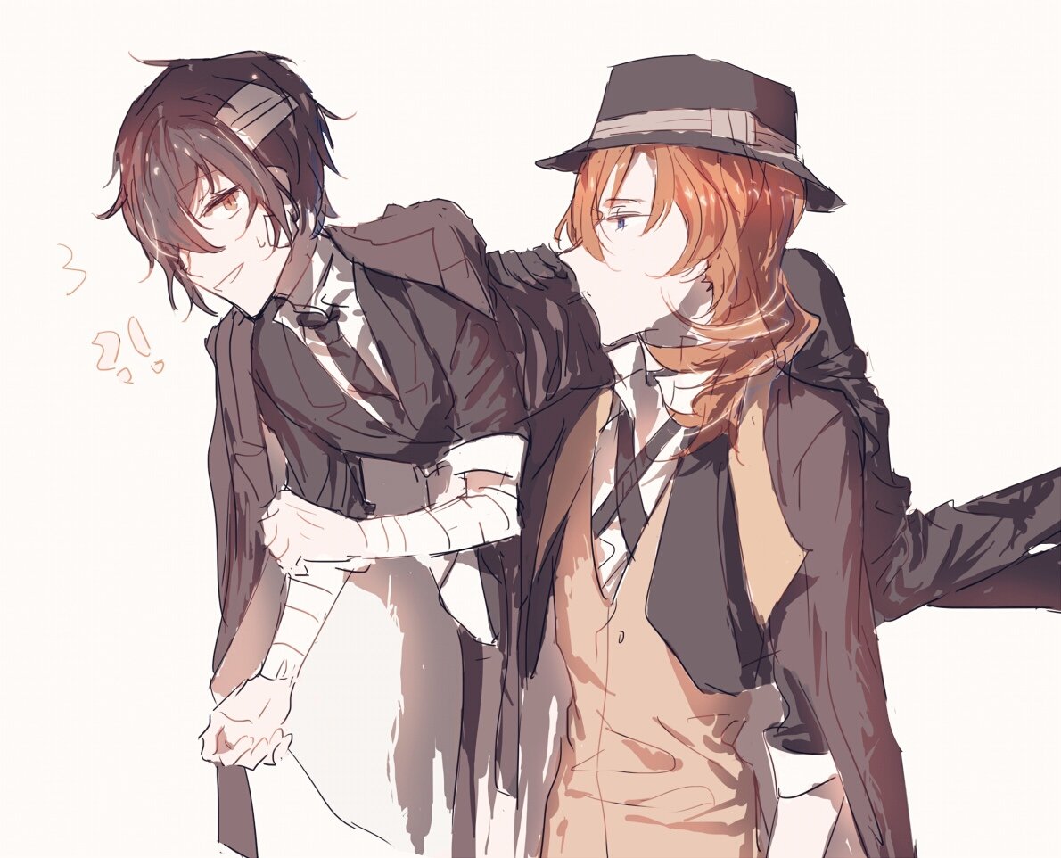 this is a drawing of two anime boys. one boy is wearing a suit with a hat and the other has bandages on his arms. they appear to be close friends and are looking at each other. they are holding hands. the drawing is very cute and shows a great sense of friendship.