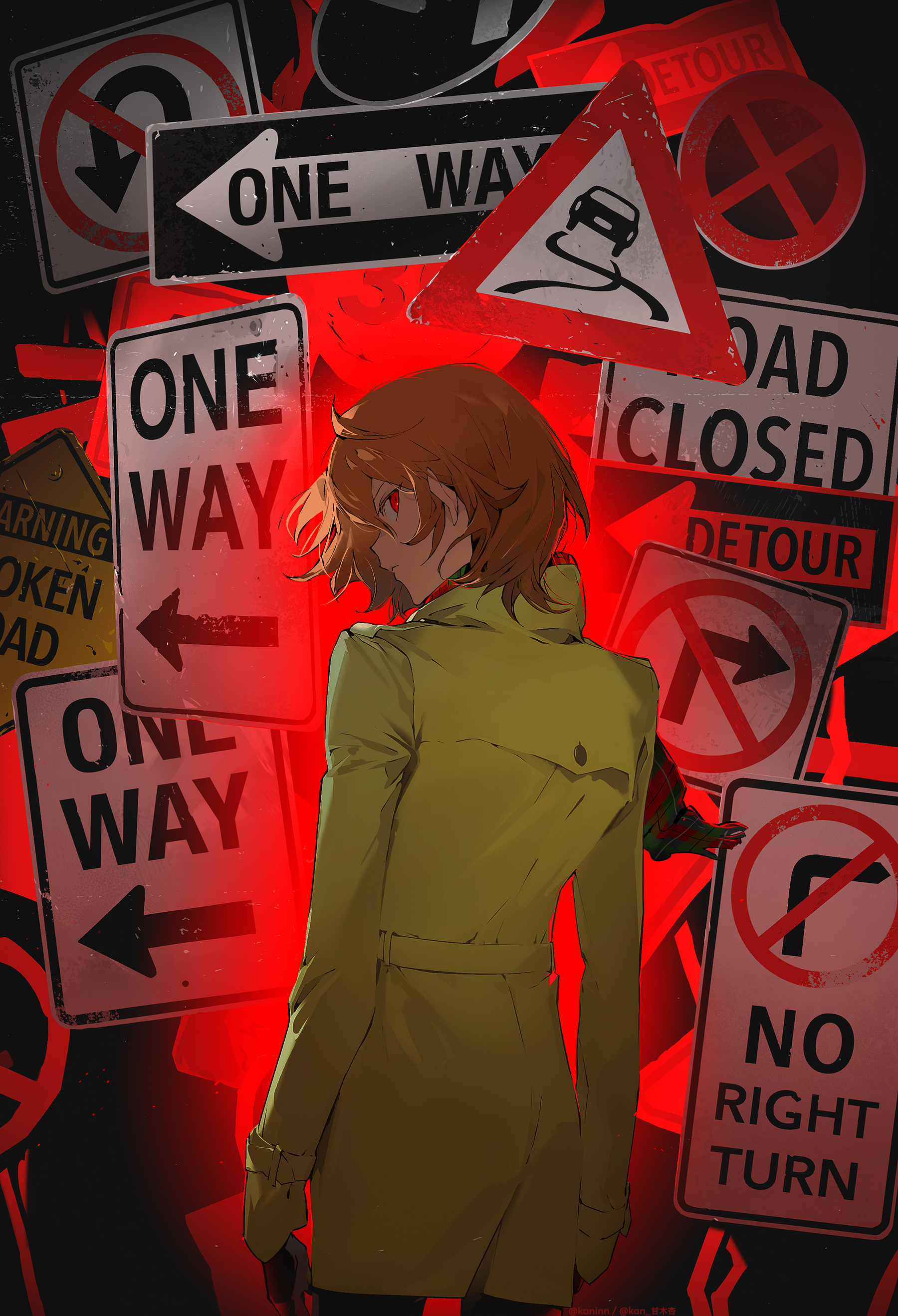 a digital illustration of an anime character in a yellow trench coat standing in front of a red background with many road signs. the character is looking away from the viewer. the road signs are mostly red and white and are all different. some of the road signs say things like "one way," "detour," and "no right turn."