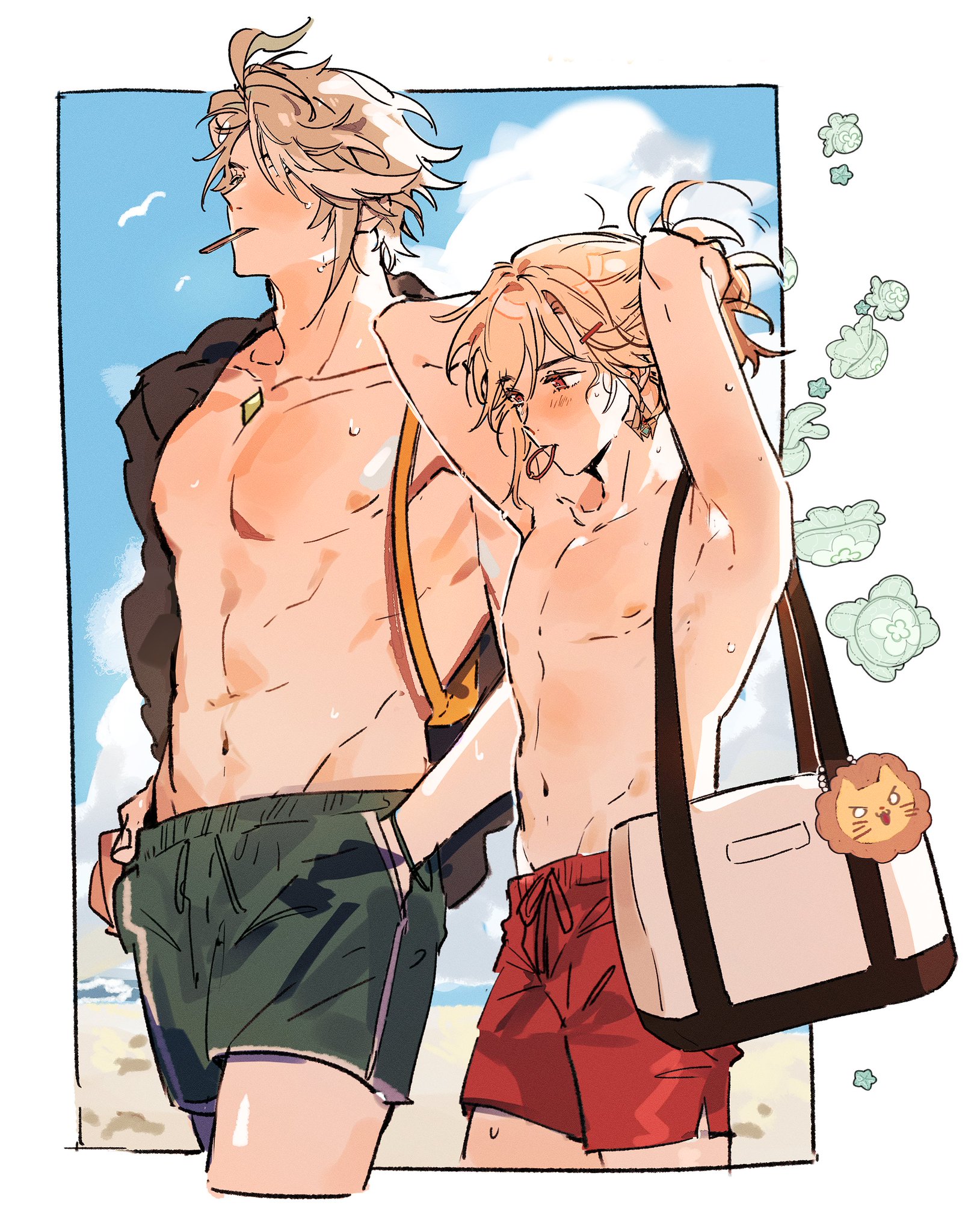 this is a digital drawing of two shirtless anime boys on a beach in the summer. the boy on the left has a green and white striped swimsuit on, and the boy on the right has red shorts and a large bag. the boy on the left is holding a cigarette. they are both smiling and looking relaxed. the background is a simple blue sky with clouds.