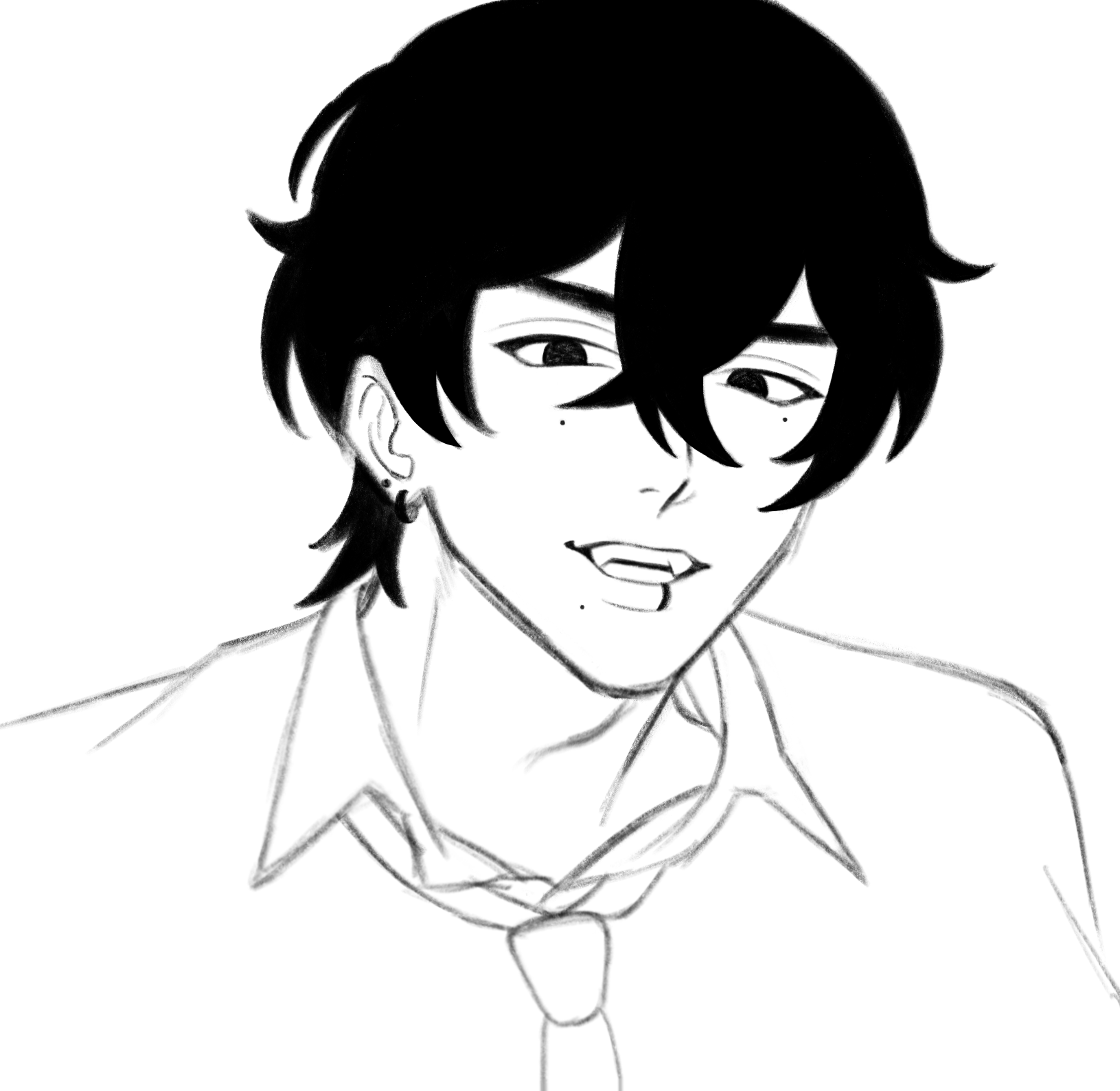 a black and white sketch of a young animestyle male character. he has dark, slightly messy hair that falls to his jawline, and he's wearing a collared shirt and tie.  his expression is a sly smirk, and he appears to have fangs. the style is reminiscent of manga or anime character design, with shading and line work conveying texture and form. the drawing is incomplete, showing some lines as if in progress.