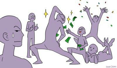 a drawing of stick figure cartoon people. one figure is crying, another one is happy and rich, and one is very happy. they are all different expressions.