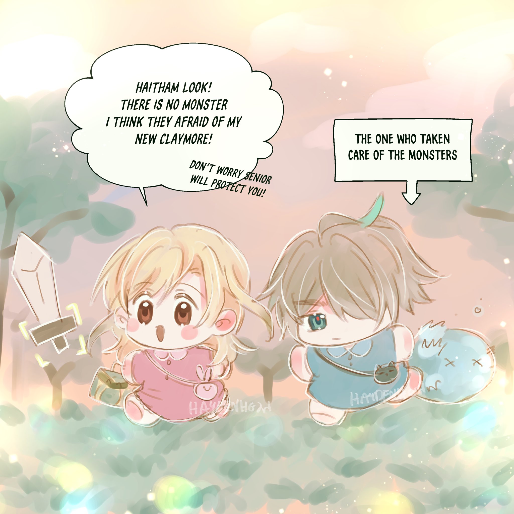 the image shows two chibi characters, a boy and a girl. the boy is the one who's  taken care of the monsters. he is wearing a blue shirt and pants. he is carrying a blue monster in a sack. the girl is afraid of the monsters but the boy assures her that there is no monster. the boy is holding a sword and is ready to protect the girl from the monsters. they are both looking forward.  the image is drawn in anime style. it is colorful and has a lot of detail. it is a happy and innocent scene.