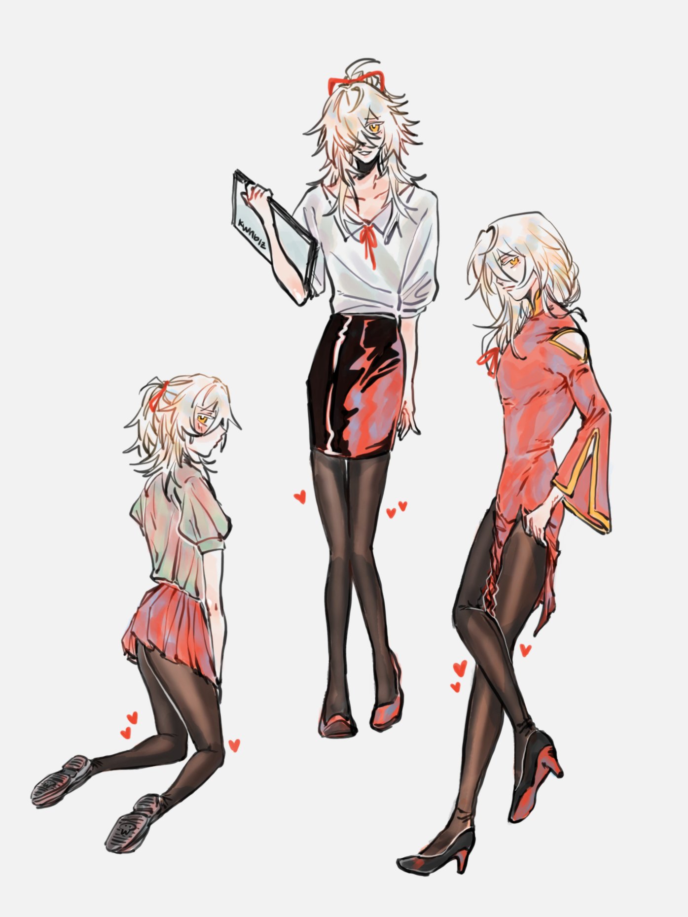 the illustration features three young women in different poses.  the woman on the left is sitting on the floor, while the other two are standing.  they all have long blonde hair and are wearing dresses with red and black elements.  they are all wearing black stockings and black heels.  the background is a white, solid color.  the image is stylized and has a manga feel.  the women look cool and fashionable.