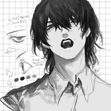 the image is a detailed black and white illustration or drawing, likely in the style of anime or manga. it depicts a young man with long, dark hair that partially obscures his face.  his expression is intense, with a slightly open mouth revealing teeth, conveying a strong emotion.  the drawing style is expressive with varied line weight and shading techniques.  there are also sketches of eyes, a bird, and an egg in the background suggesting that it's possibly part of a sketchbook or a workinprogress. the background is a grid pattern.  the overall aesthetic is dark and artistic.