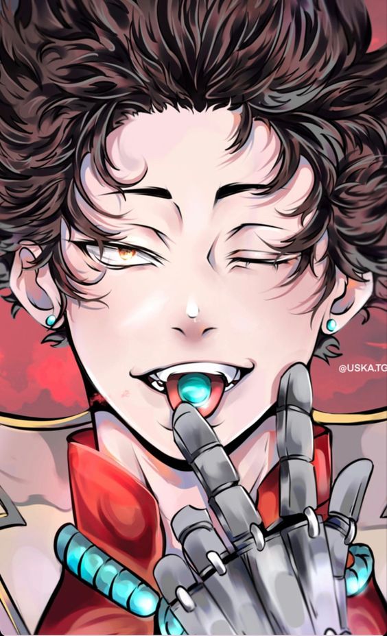 a closeup illustration of an anime boy with black hair and blue eyes. he is wearing a red, gold, and white costume with a mechanical hand. the boy is smiling and his tongue is out, with a blue orb on it. the background is a red and black pattern.
