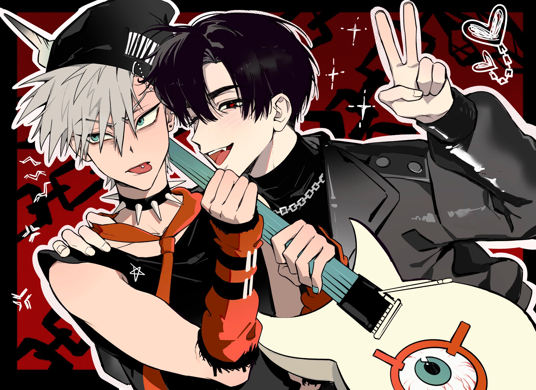 two anime boys, both with white hair, are wearing black leather jackets and red clothing. the one on the right is holding a white guitar, the neck of which is painted blue. they are both looking at each other with affection. there are hearts and crosses in the background.
