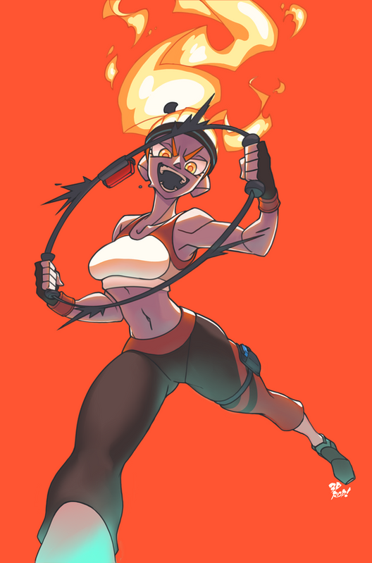 an animestyle illustration of a woman with fiery hair. she is wearing an orange and white sports outfit and appears to be in the middle of a jump rope exercise. she is smiling and looks very enthusiastic.  the background is a solid orange color.