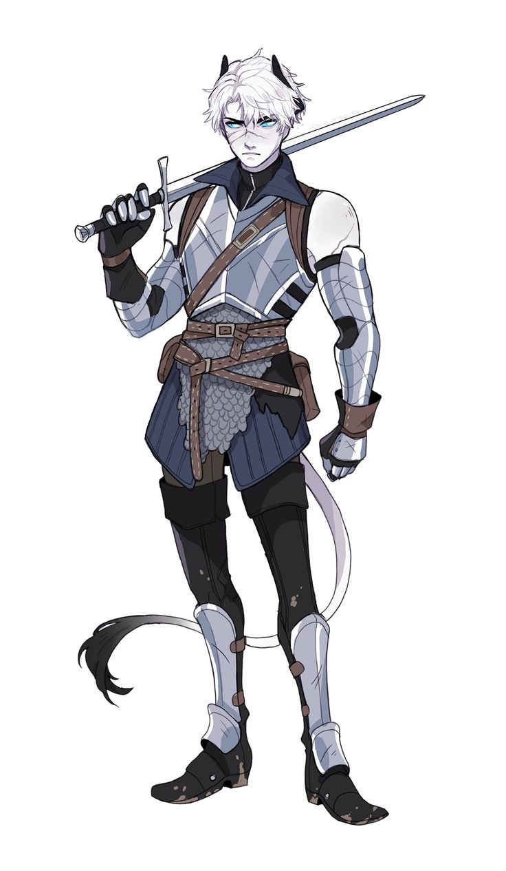 he image showcases a digital illustration of a male fantasy character, possibly a knight or warrior. he possesses white hair, small horns, and a tail, hinting at a nonhuman or mythical origin. he's clad in detailed silver armor, a dark blue tunic, and brown leather belts and straps. the armor shows signs of wear and tear, adding a sense of realism.  he carries a long sword, and his pose suggests readiness for combat. the art style leans towards anime or manga, with clean lines, vibrant colors, and expressive features. the background is plain white, allowing the character to be the focal point.