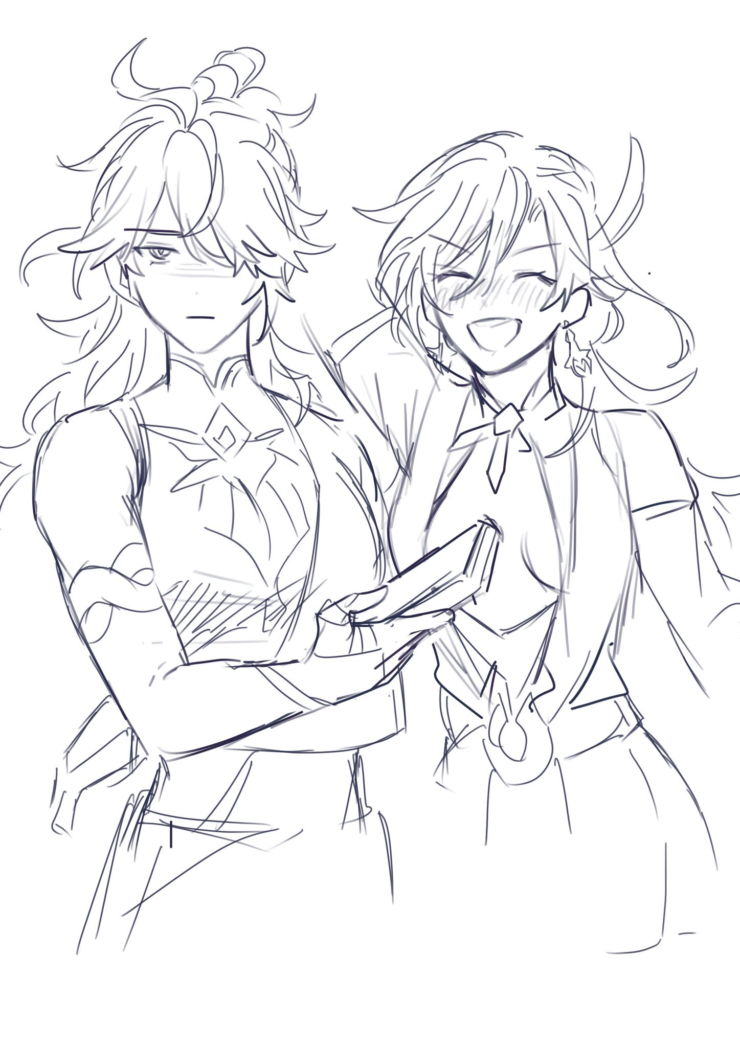 a line drawing of two anime girls, one with short hair and one with long hair. they are hugging each other and both have smiles on their faces. the girl with short hair is looking at the viewer and the girl with long hair is looking at the girl with short hair.