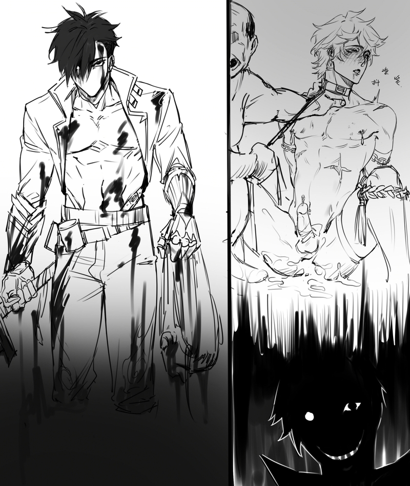 the image is a black and white manga panel. it shows three characters. the character in the left is a tall man in a jacket and holding a weapon.  he appears to be bloody and dangerous. the character in the right is a man with a white collar and a chain around his neck. he is tied down and a figure in the background is torturing him. the character in the background is dark and only his silhouette is visible. he is holding a knife. this is a dark scene with a lot of violence. the character on the left seems to be a murderer.