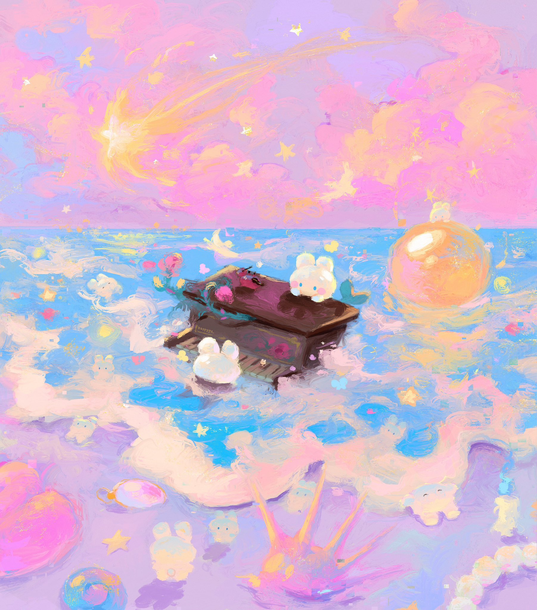 the image is a dreamy pastel painting depicting a whimsical scene of two white rabbits playing a grand piano floating on a calm ocean surface. the piano is adorned with red roses. the ocean itself is a fantastical blend of light blue and pink hues, reflecting the magical ambiance. surrounding them are floating bubbles in various pastel shades, some containing sparkling stars, enhancing the ethereal and magical atmosphere. a crescent moon peeks through the pink and purple clouds, and a shooting star streaks across the sky.  the overall composition is surreal and dreamlike, evoking a sense of wonder and tranquility.