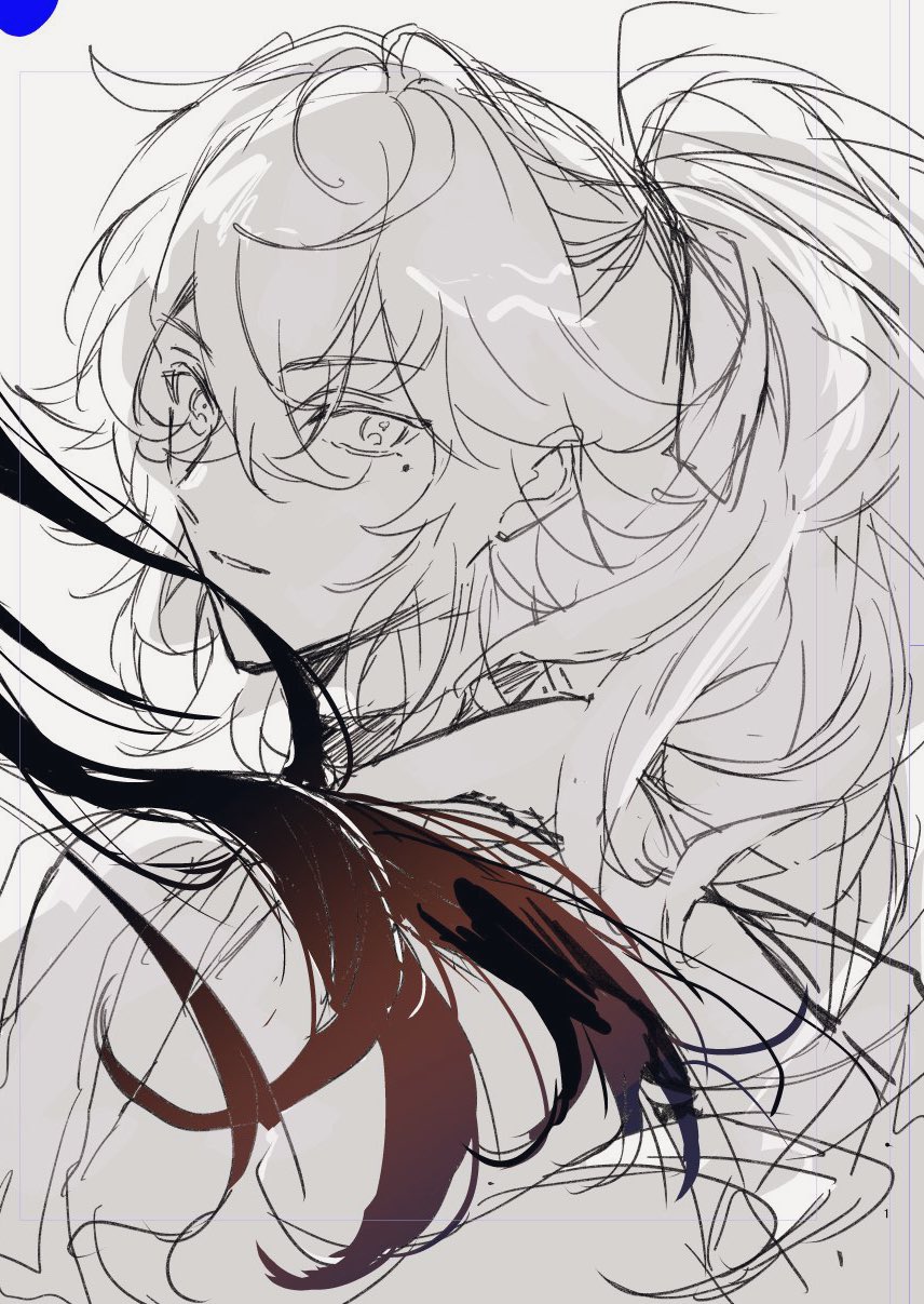 a closeup illustration of an anime character with long white hair, with streaks of black hair. the character is looking away from the viewer with closed eyes and a serious expression. the drawing style is loose and sketchy.