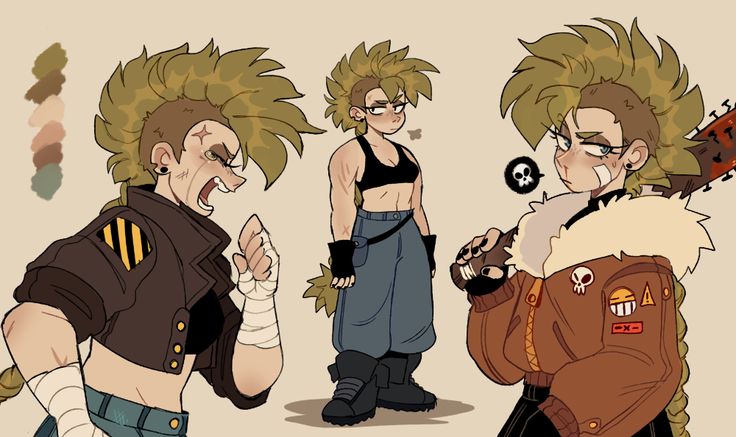 the image is a digital illustration of a cartoon anime girl character in three different poses. the girl is dressed in punkinspired clothes, with a brown leather jacket, ripped jeans, and combat boots. she has a mohawk hairstyle, and her face is covered in scars. the image is stylized and graphic, with bold lines and vibrant colors.  the girl is shown with different expressions in each pose. she is angry and fierce in one pose, cool and casual in another, and rebellious and strong in the last one. she is holding a bat in one pose.  overall, the image depicts a tough and independent girl who is not afraid to stand out from the crowd.